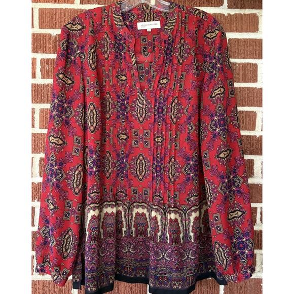 Jones New York Red Colorful Pleated Long Sleeve Blouse Size XL - Picture 1 of 3